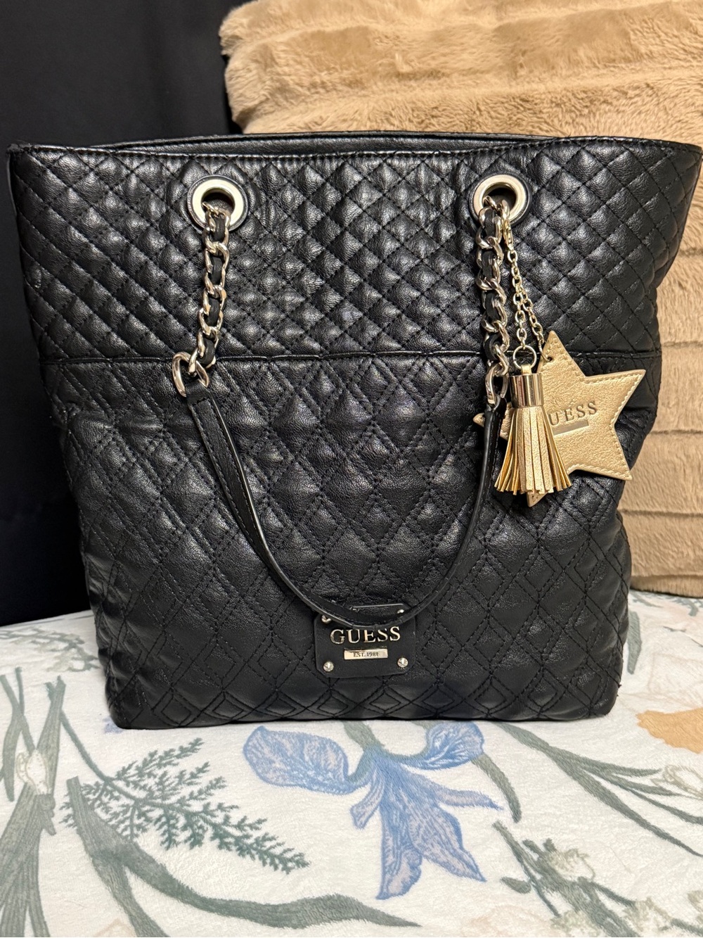 GUESS Black Quilted Chain Strap Tote Bag with Star Charm